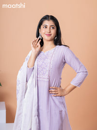 Rayon readymade salwar suit lavender and off white with allover prints & embroidery sequin lace work neck pattern and straight cut pant & dupatta