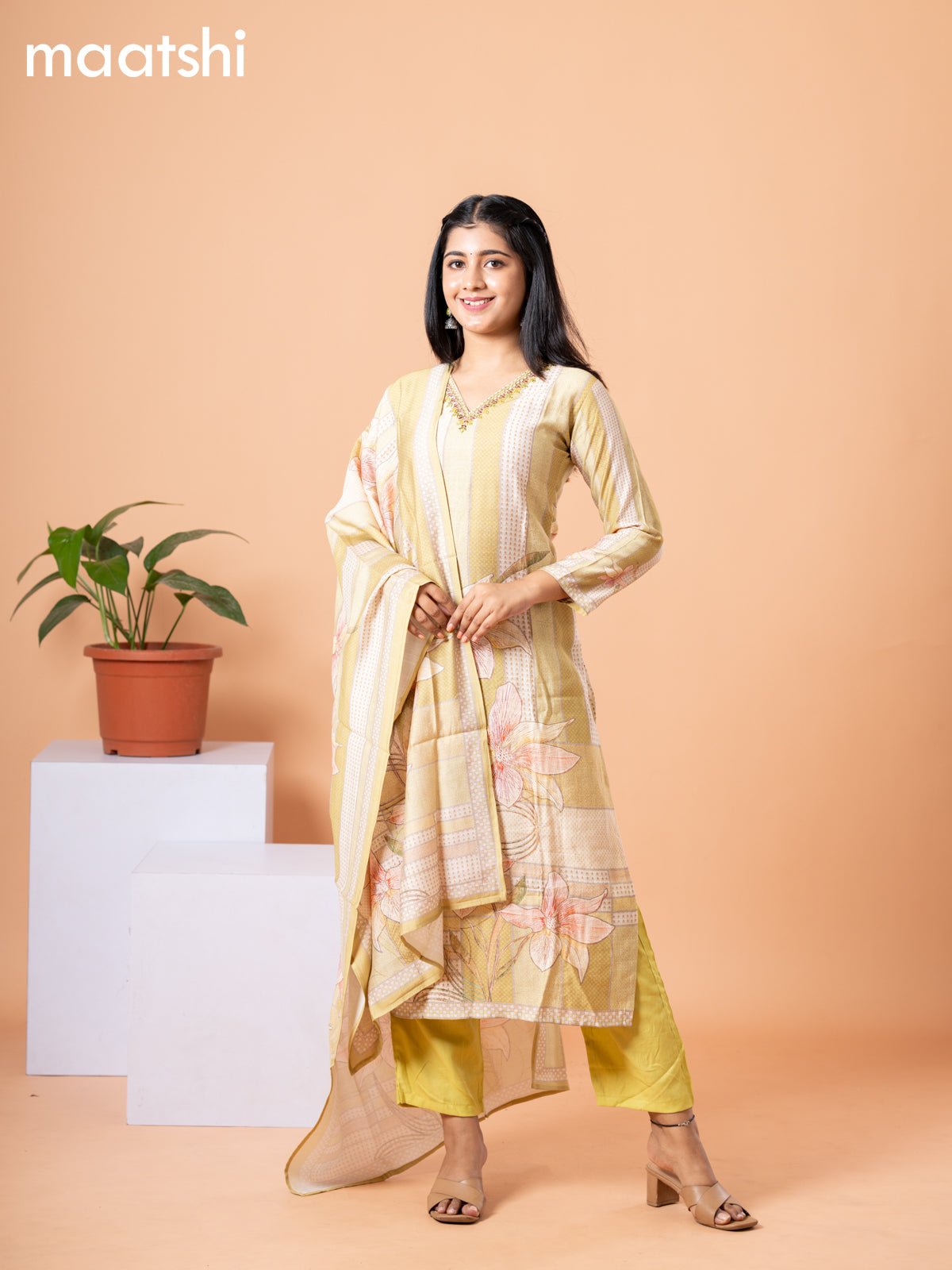 Rayon readymade salwar suit cream and light green with allover floral prints & embroidery mirror work v neck pattern and straight cut pant & dupatta