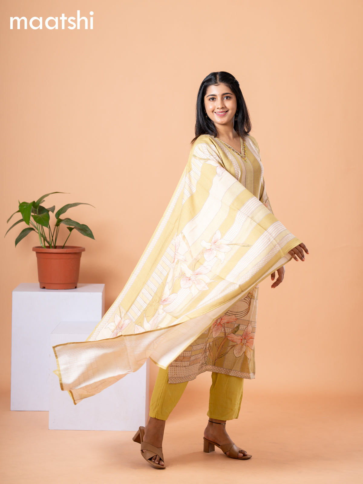 Rayon readymade salwar suit cream and light green with allover floral prints & embroidery mirror work v neck pattern and straight cut pant & dupatta