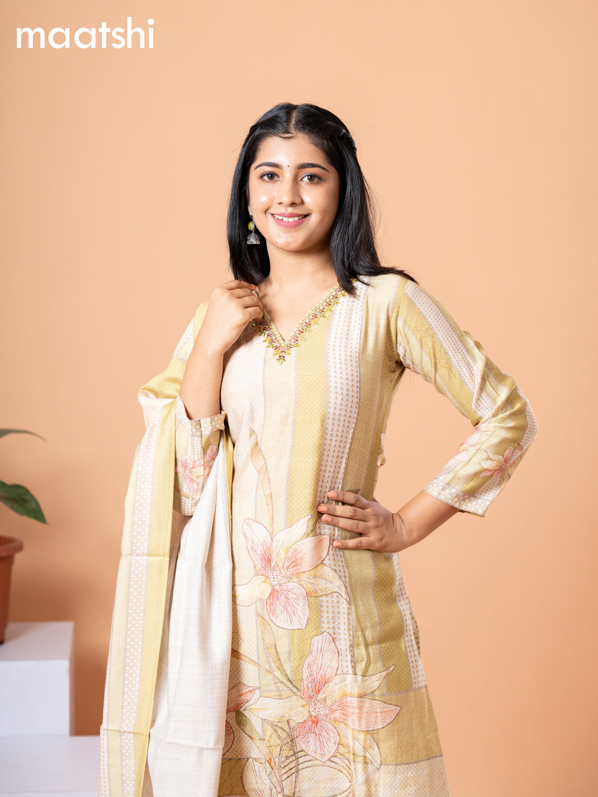 Rayon readymade salwar suit cream and light green with allover floral prints & embroidery mirror work v neck pattern and straight cut pant & dupatta