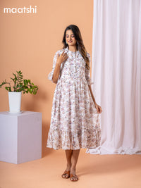 Chiffon dress off white and lavender shade with allover floral prints & simple neck pattern without pant