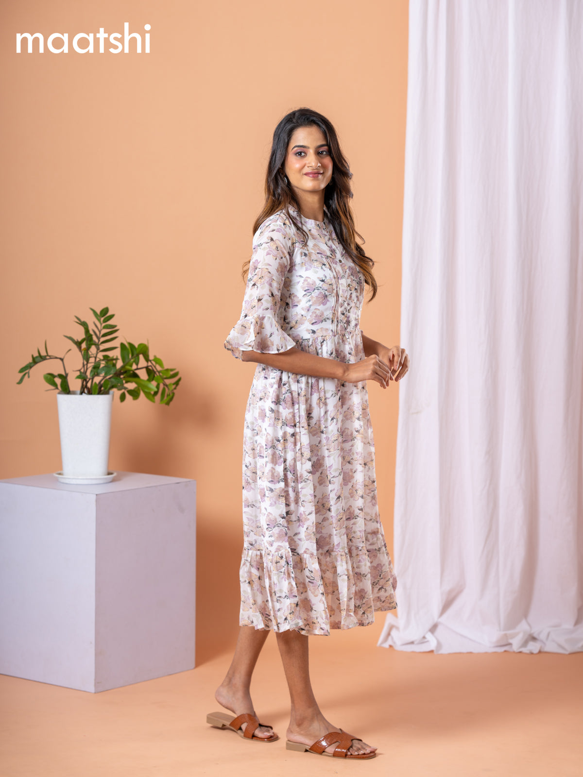 Chiffon dress off white and lavender shade with allover floral prints & simple neck pattern without pant