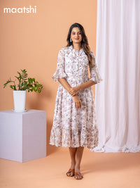 Chiffon dress off white and lavender shade with allover floral prints & simple neck pattern without pant