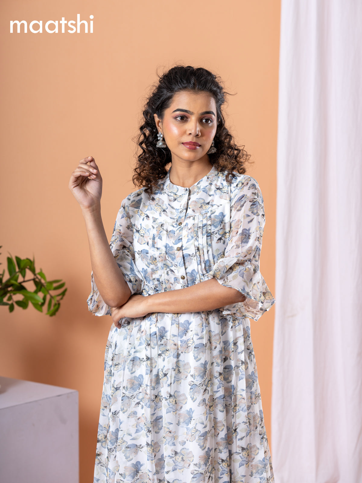 Chiffon dress off white and grey with allover floral prints & simple neck pattern without pant