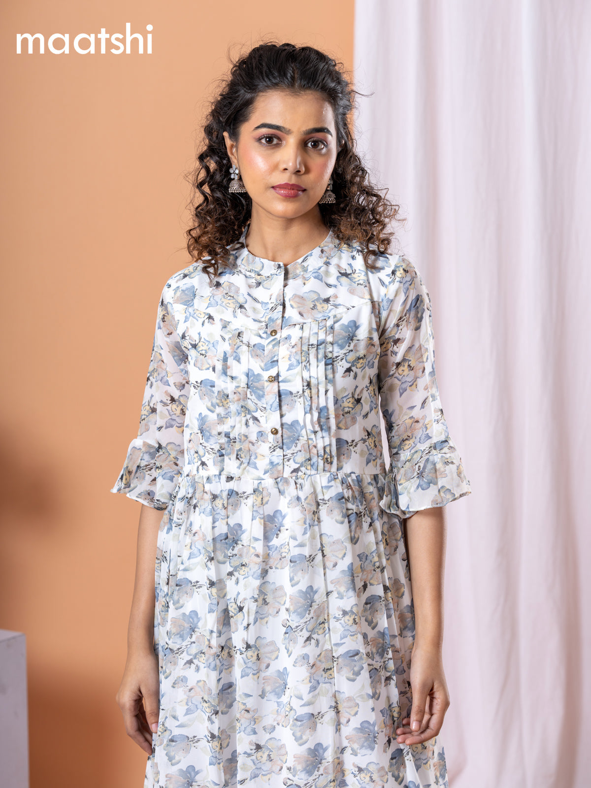 Chiffon dress off white and grey with allover floral prints & simple neck pattern without pant