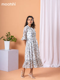 Chiffon dress off white and grey with allover floral prints & simple neck pattern without pant