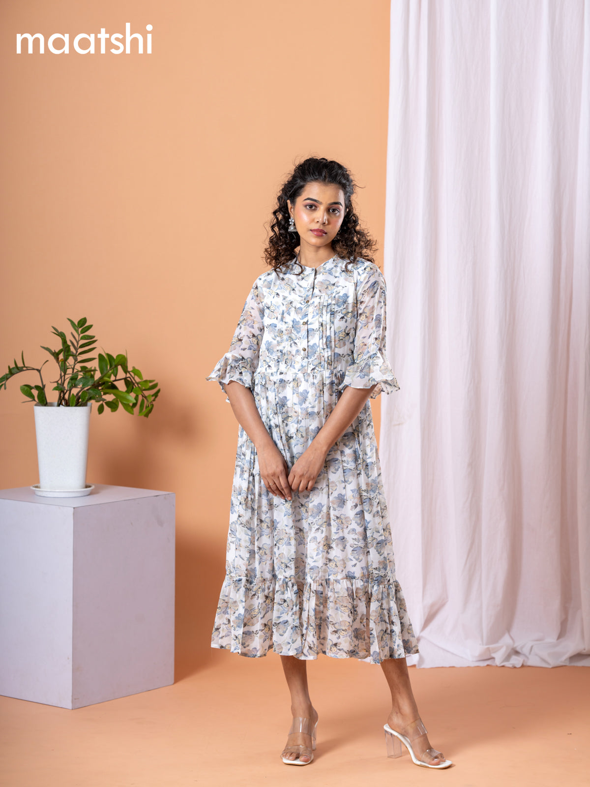 Chiffon dress off white and grey with allover floral prints & simple neck pattern without pant