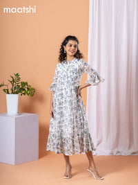 Chiffon dress off white and grey with allover floral prints & simple neck pattern without pant