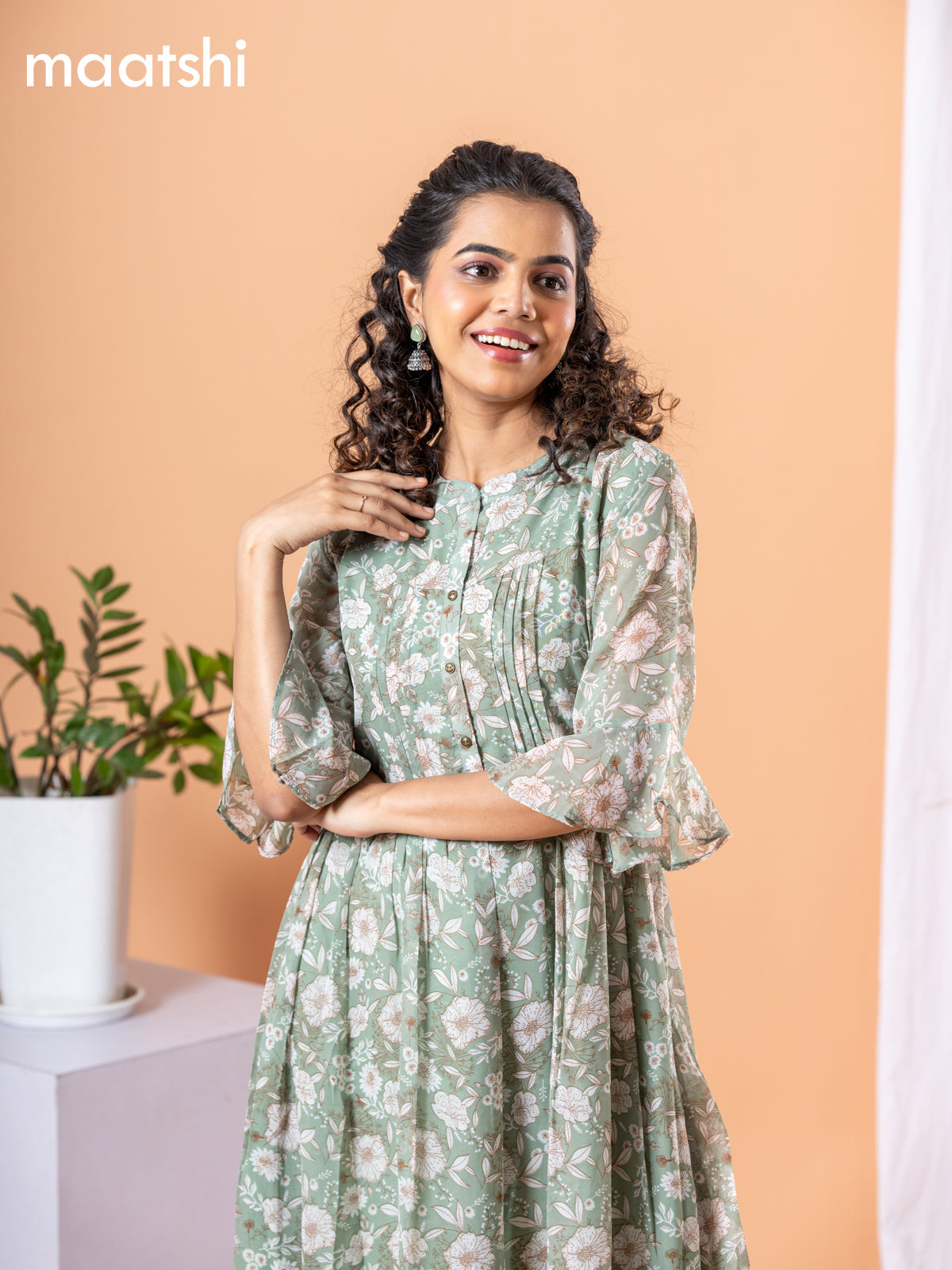 Chiffon dress pastel green with allover floral prints & simple neck pattern without pant