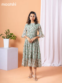 Chiffon dress pastel green with allover floral prints & simple neck pattern without pant