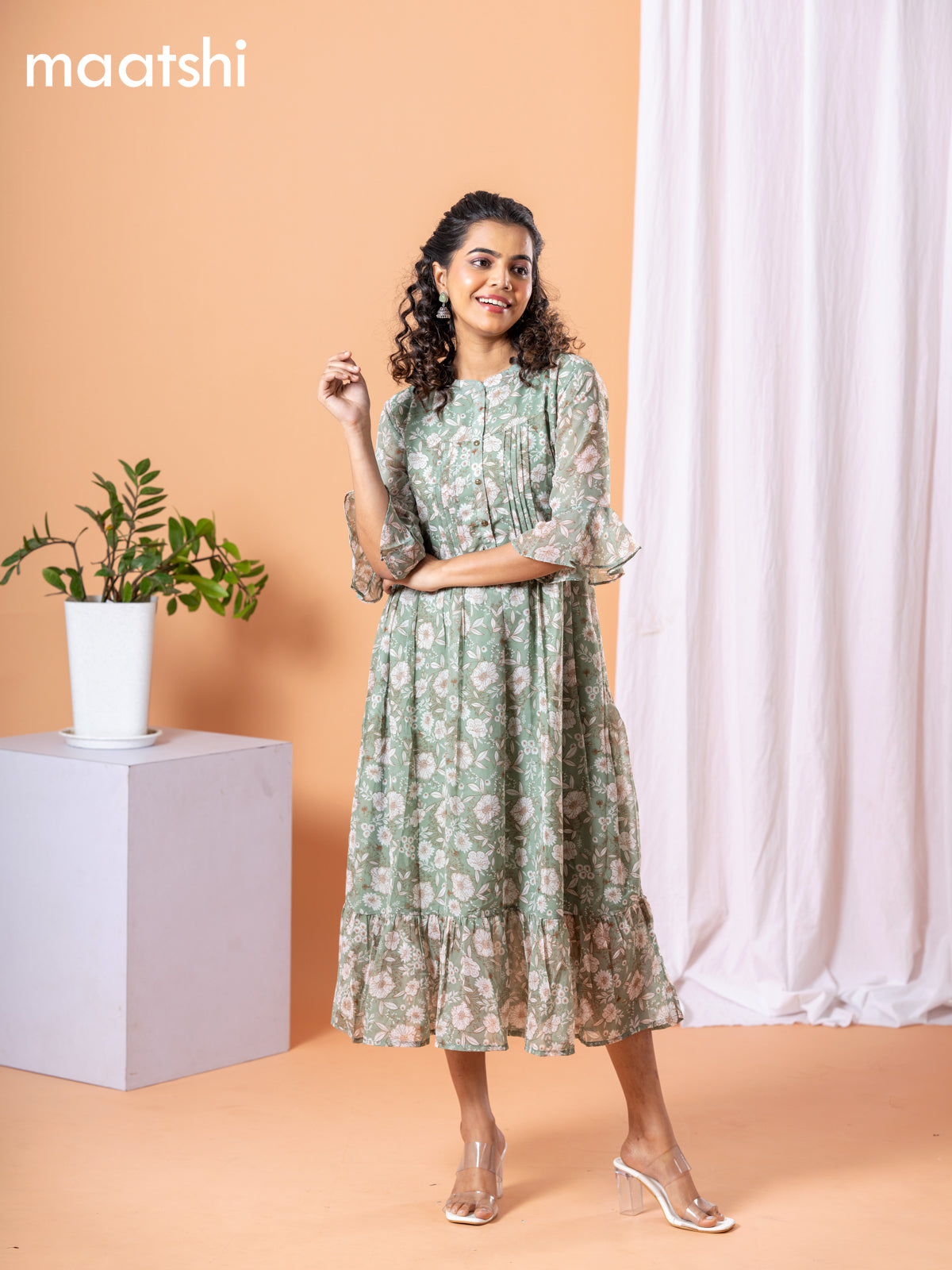 Chiffon dress pastel green with allover floral prints & simple neck pattern without pant