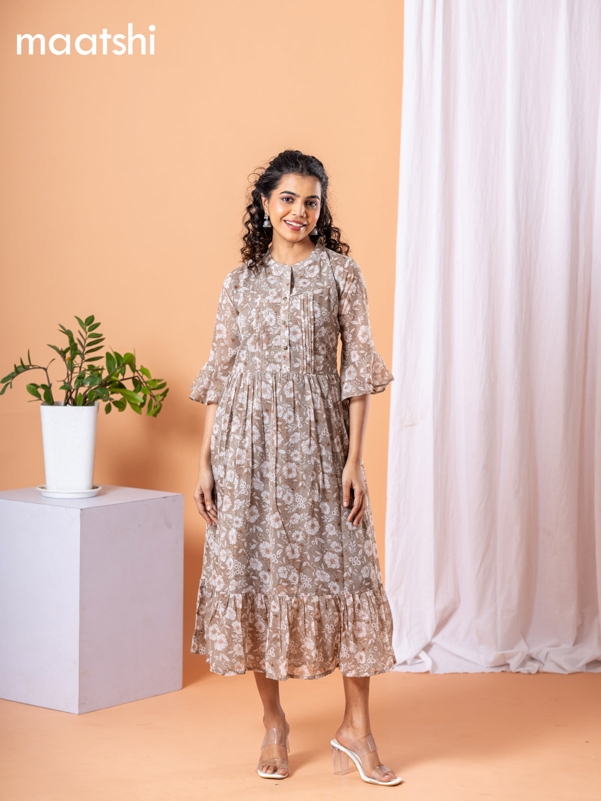 Chiffon dress grey shade with allover floral prints & simple neck pattern without pant