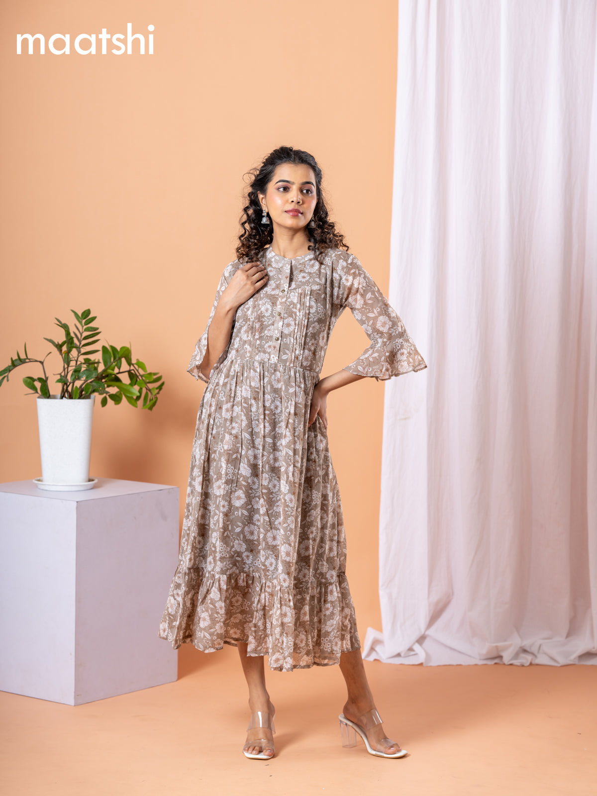 Chiffon dress grey shade with allover floral prints & simple neck pattern without pant