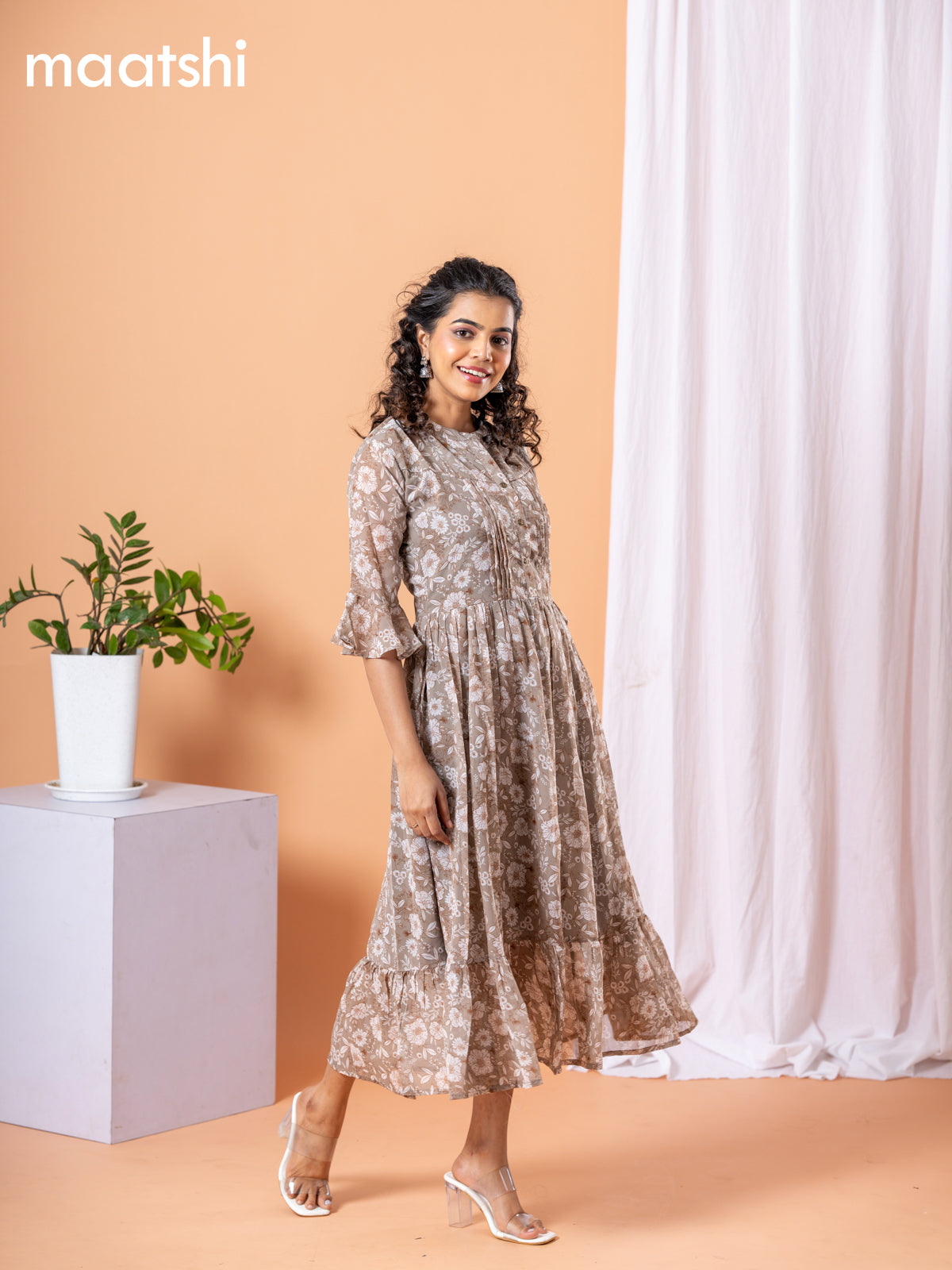 Chiffon dress grey shade with allover floral prints & simple neck pattern without pant