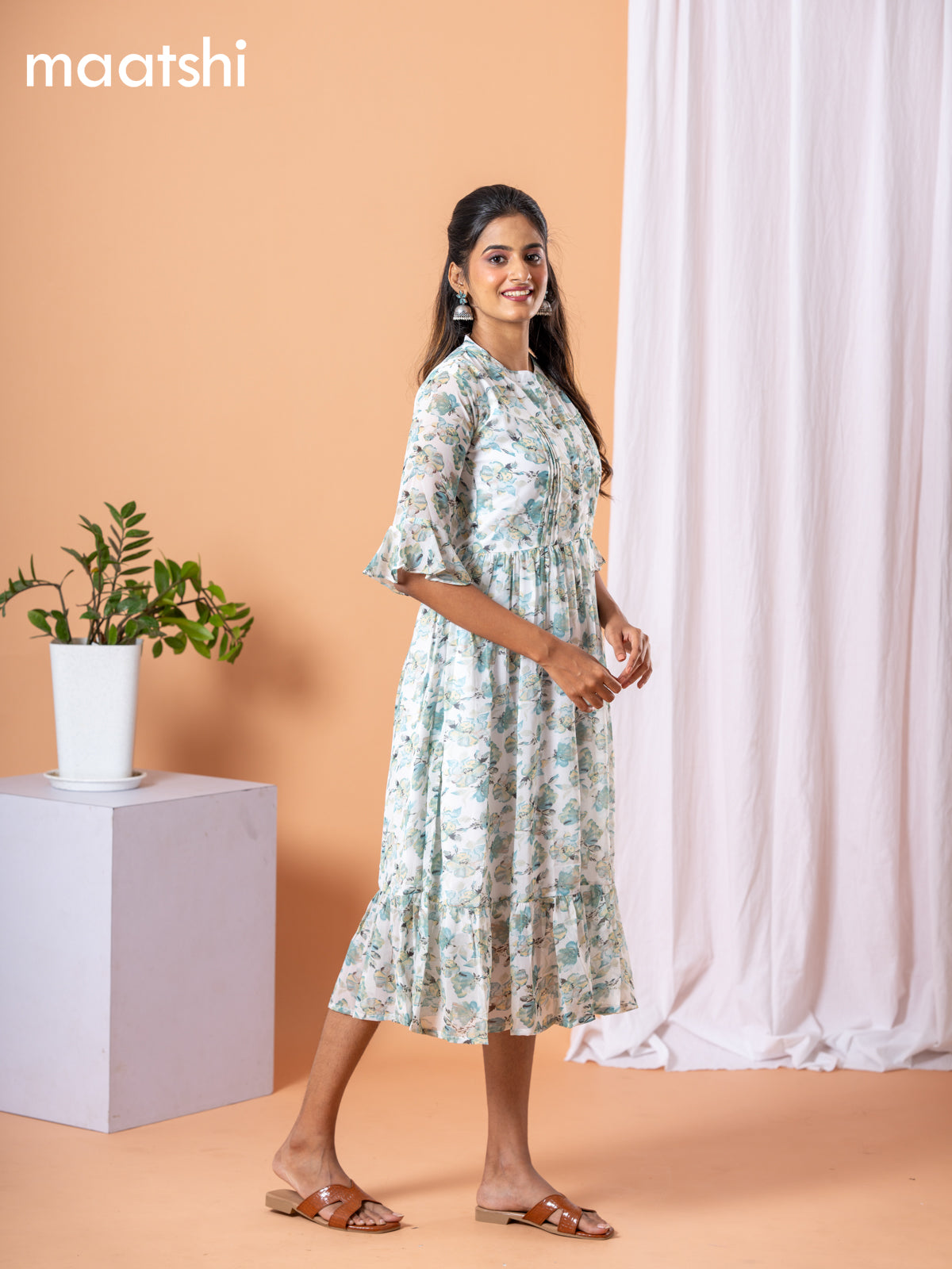 Chiffon dress off white and teal blue with allover floral prints & simple neck pattern without pant