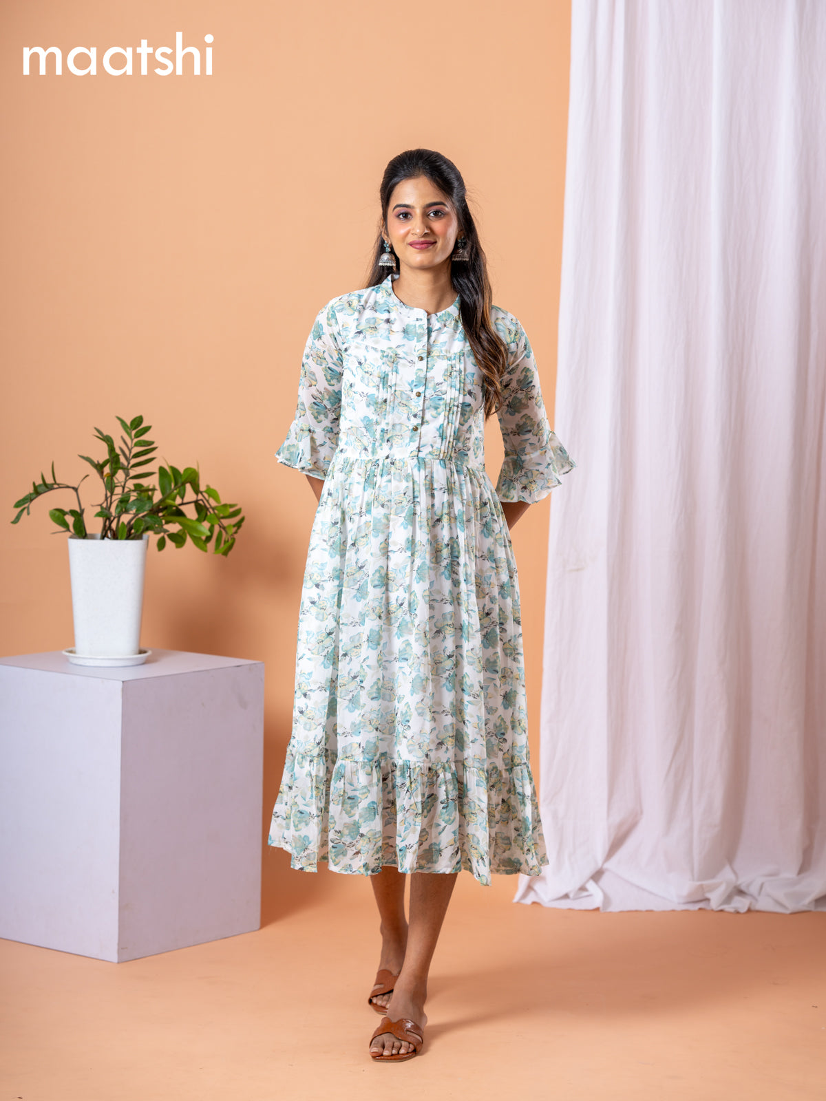 Chiffon dress off white and teal blue with allover floral prints & simple neck pattern without pant