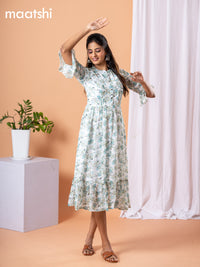 Chiffon dress off white and teal blue with allover floral prints & simple neck pattern without pant