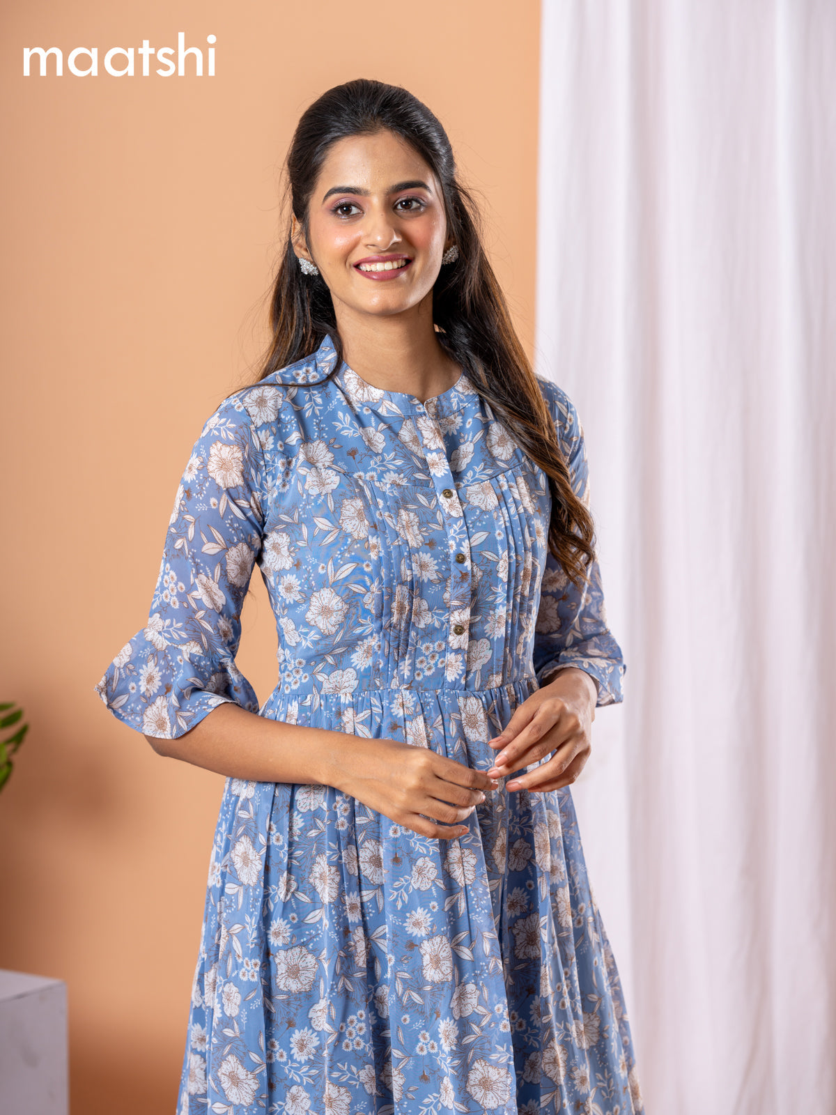 Chiffon dress blue shade with allover floral prints & simple neck pattern without pant