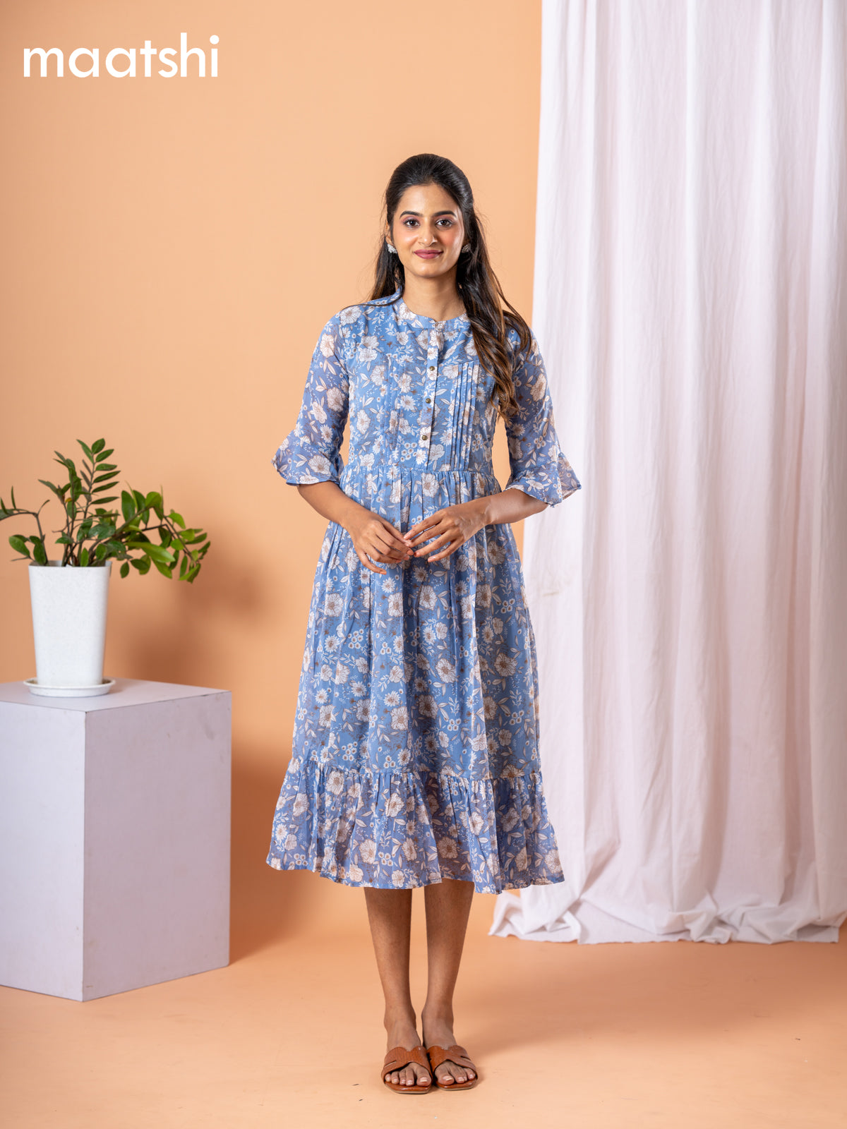 Chiffon dress blue shade with allover floral prints & simple neck pattern without pant