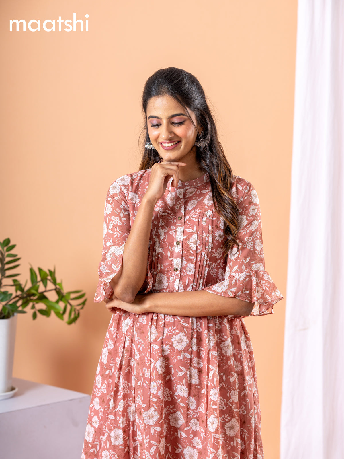 Chiffon dress peach shade with allover floral prints & simple neck pattern without pant