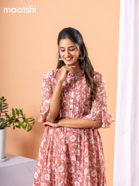 Chiffon dress peach shade with allover floral prints & simple neck pattern without pant