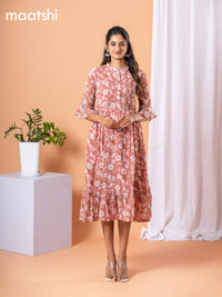 Chiffon dress peach shade with allover floral prints & simple neck pattern without pant