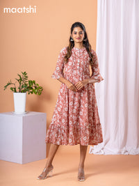 Chiffon dress peach shade with allover floral prints & simple neck pattern without pant