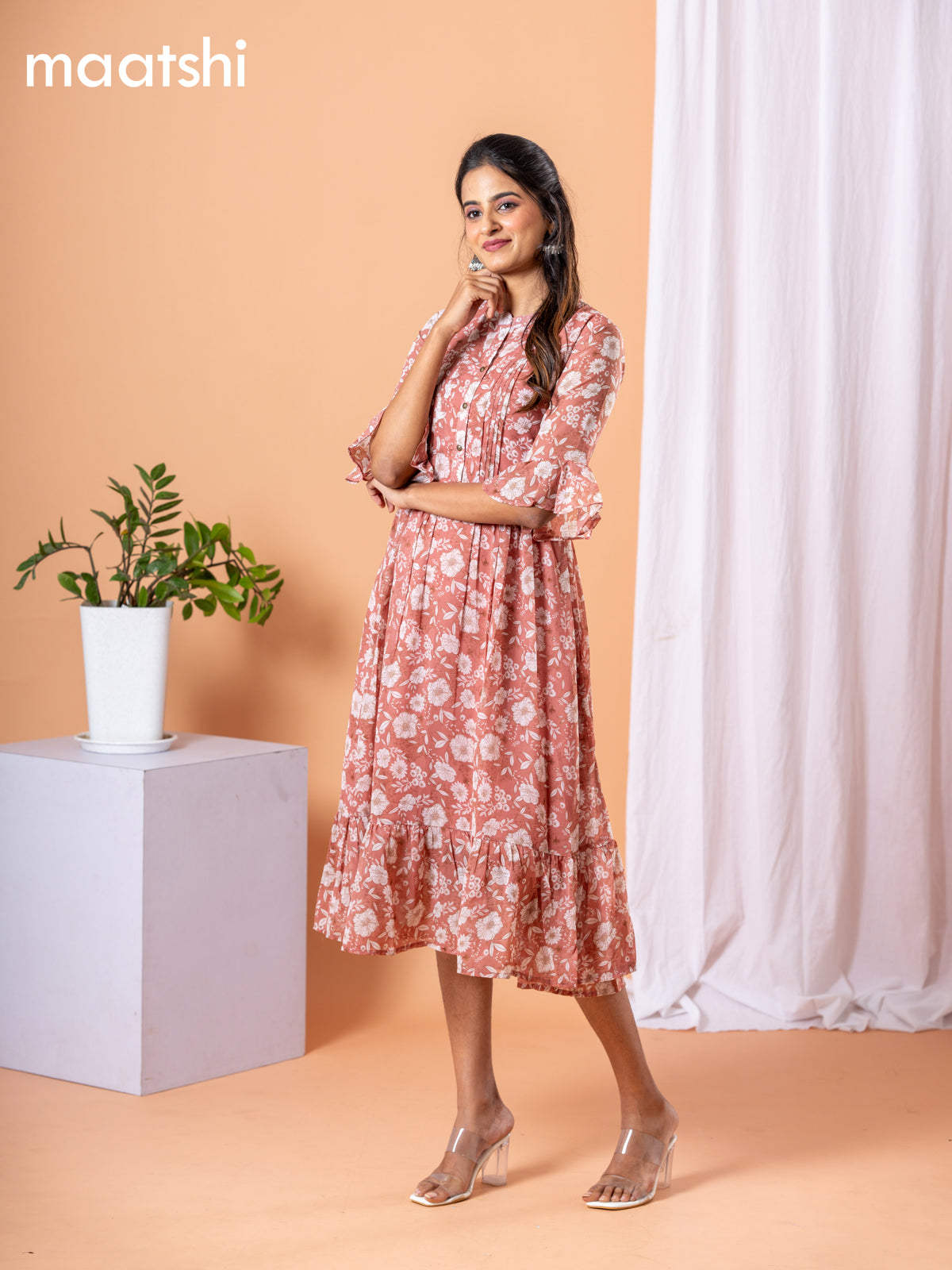 Chiffon dress peach shade with allover floral prints & simple neck pattern without pant