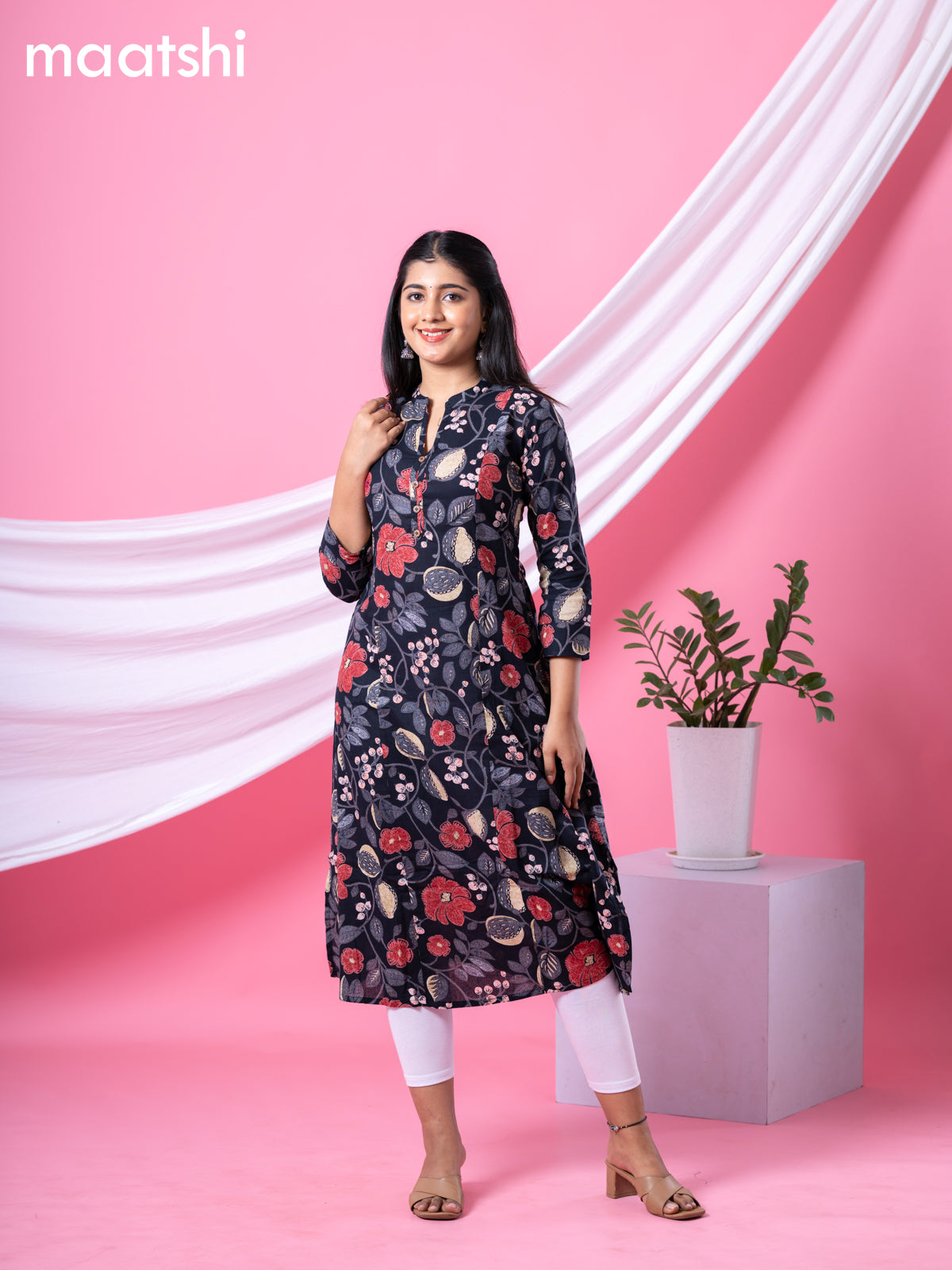 Cotton readymade A-line kurti black and multi colour with allover floral prints & collar neck pattern without bottom