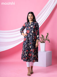 Cotton readymade A-line kurti black and multi colour with allover floral prints & collar neck pattern without bottom