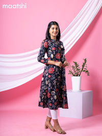 Cotton readymade A-line kurti black and multi colour with allover floral prints & collar neck pattern without bottom