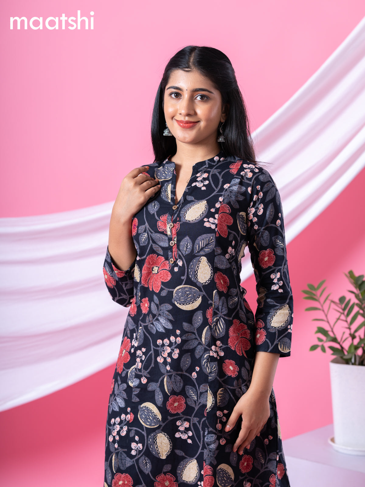 Cotton readymade A-line kurti black and multi colour with allover floral prints & collar neck pattern without bottom