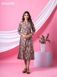 Cotton readymade A-line kurti black and beige with allover kalamkari prints & collar neck pattern without bottom