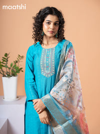 Cotton salwar suit cs blue with self emboss & embroidery mirror work neck pattern and straight cut pant & banarasi dupatta