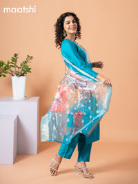 Cotton salwar suit cs blue with self emboss & embroidery mirror work neck pattern and straight cut pant & banarasi dupatta