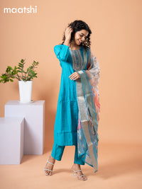 Cotton salwar suit cs blue with self emboss & embroidery mirror work neck pattern and straight cut pant & banarasi dupatta