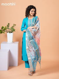 Cotton salwar suit cs blue with self emboss & embroidery mirror work neck pattern and straight cut pant & banarasi dupatta