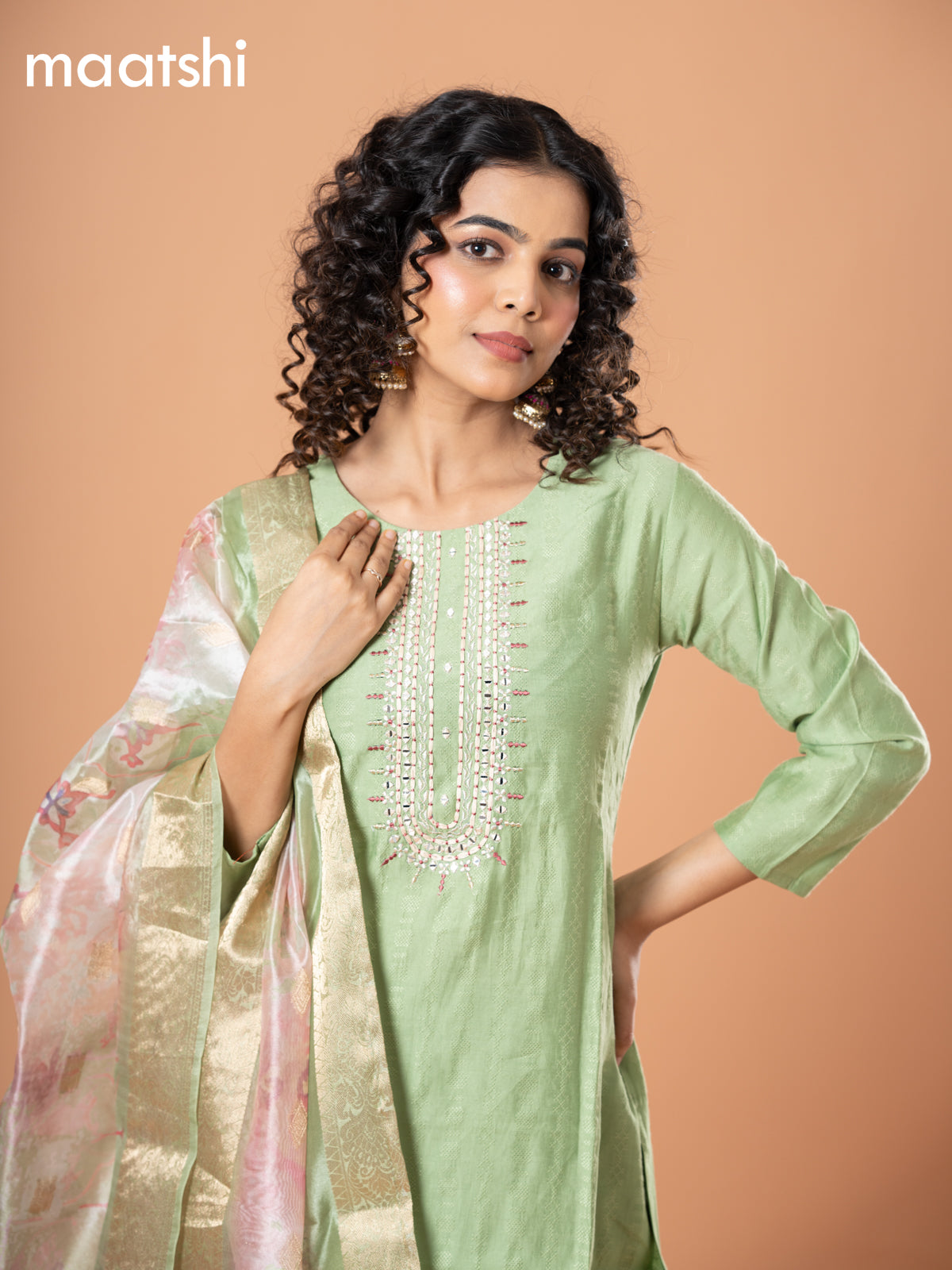 Cotton salwar suit pastel green with self emboss & embroidery mirror work neck pattern and straight cut pant & banarasi dupatta