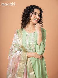 Cotton salwar suit pastel green with self emboss & embroidery mirror work neck pattern and straight cut pant & banarasi dupatta