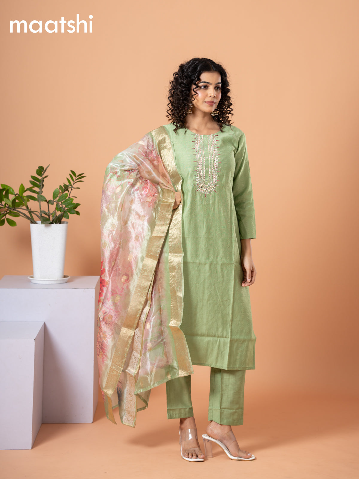 Cotton salwar suit pastel green with self emboss & embroidery mirror work neck pattern and straight cut pant & banarasi dupatta