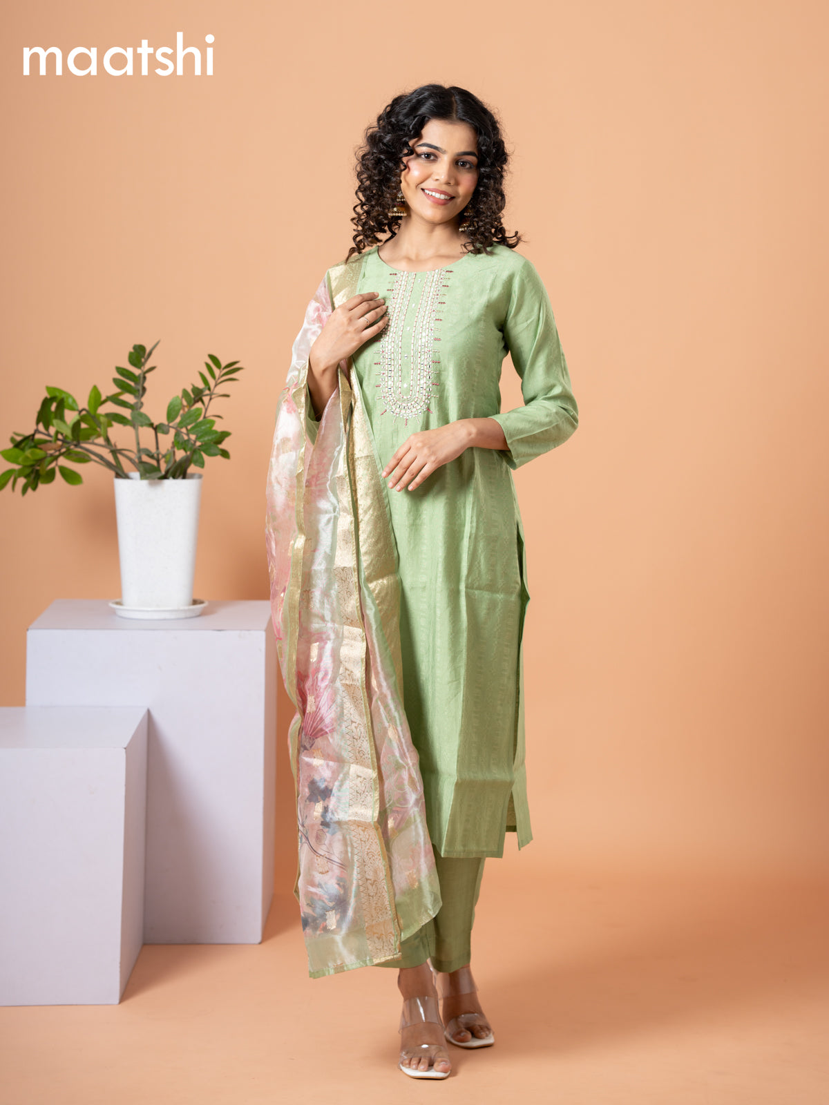 Cotton salwar suit pastel green with self emboss & embroidery mirror work neck pattern and straight cut pant & banarasi dupatta