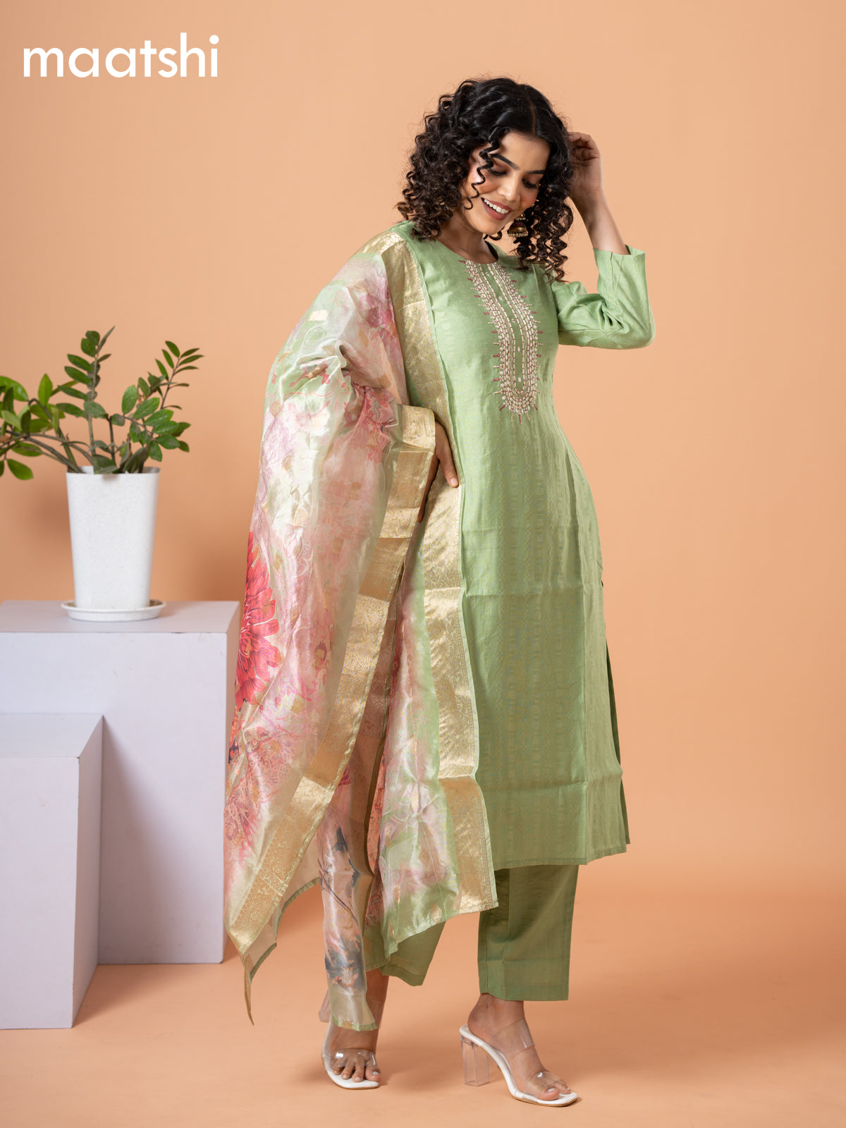 Cotton salwar suit pastel green with self emboss & embroidery mirror work neck pattern and straight cut pant & banarasi dupatta