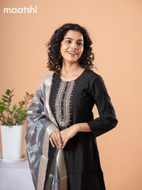 Cotton salwar suit black with self emboss & embroidery mirror work neck pattern and straight cut pant & banarasi dupatta