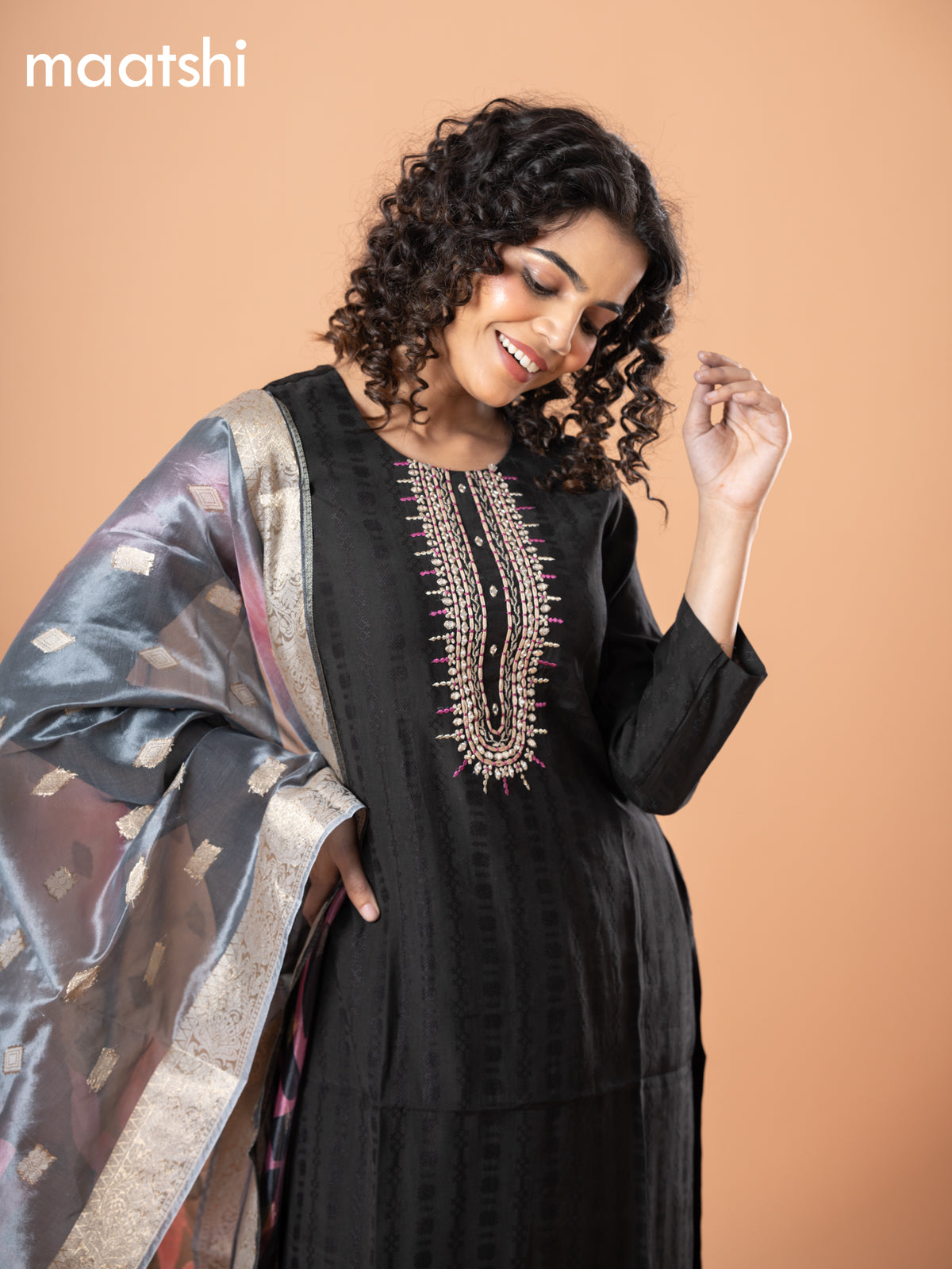 Cotton salwar suit black with self emboss & embroidery mirror work neck pattern and straight cut pant & banarasi dupatta