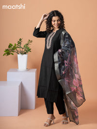 Cotton salwar suit black with self emboss & embroidery mirror work neck pattern and straight cut pant & banarasi dupatta