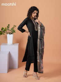 Cotton salwar suit black with self emboss & embroidery mirror work neck pattern and straight cut pant & banarasi dupatta