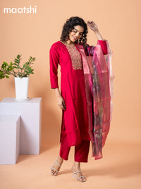 Cotton salwar suit pink with self emboss & embroidery mirror work neck pattern and straight cut pant & banarasi dupatta