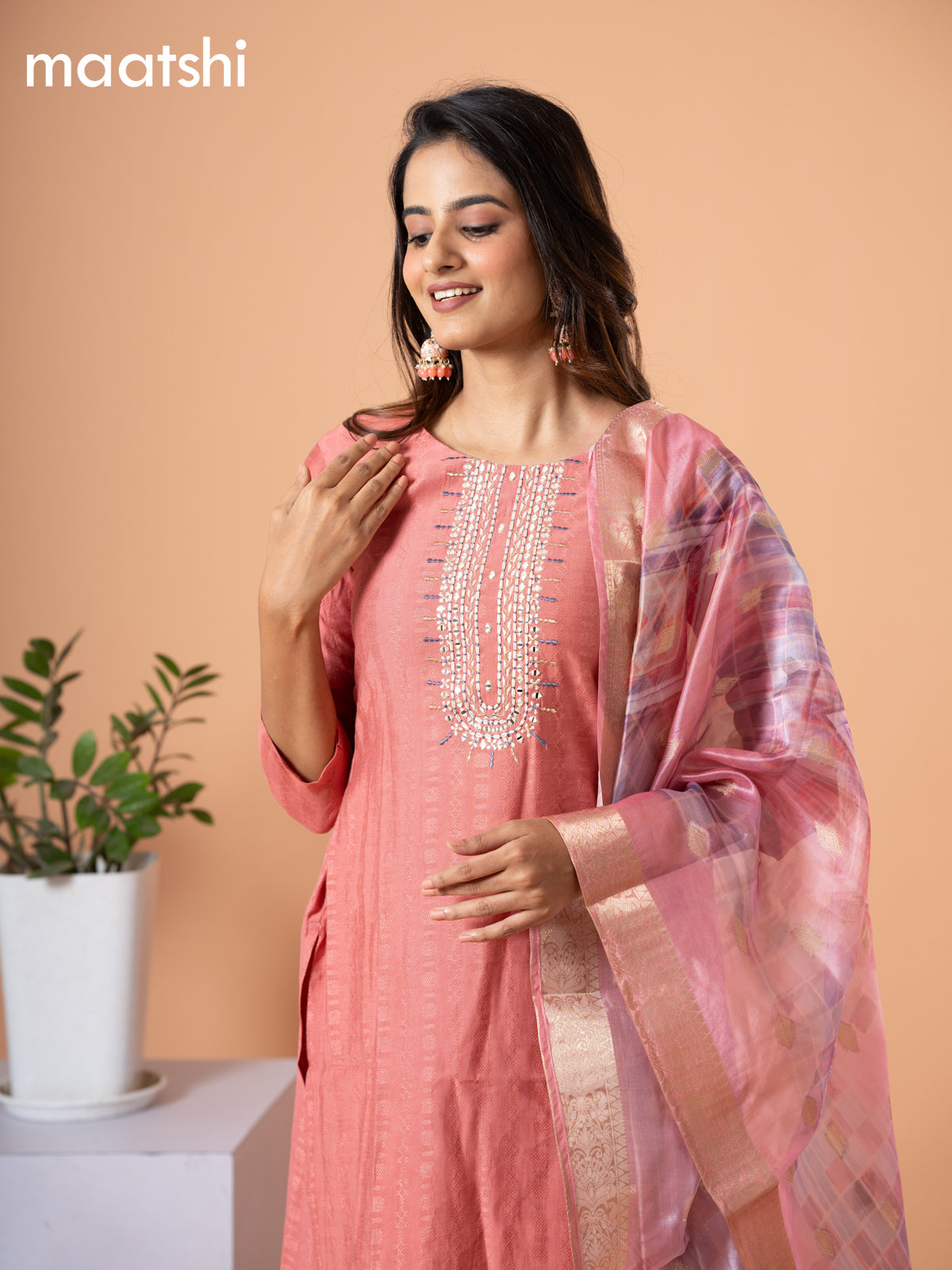 Cotton salwar suit peach shade with self emboss & embroidery mirror work neck pattern and straight cut pant & banarasi dupatta