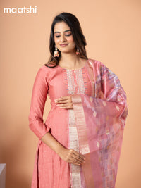 Cotton salwar suit peach shade with self emboss & embroidery mirror work neck pattern and straight cut pant & banarasi dupatta