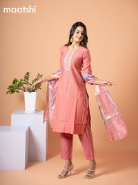 Cotton salwar suit peach shade with self emboss & embroidery mirror work neck pattern and straight cut pant & banarasi dupatta